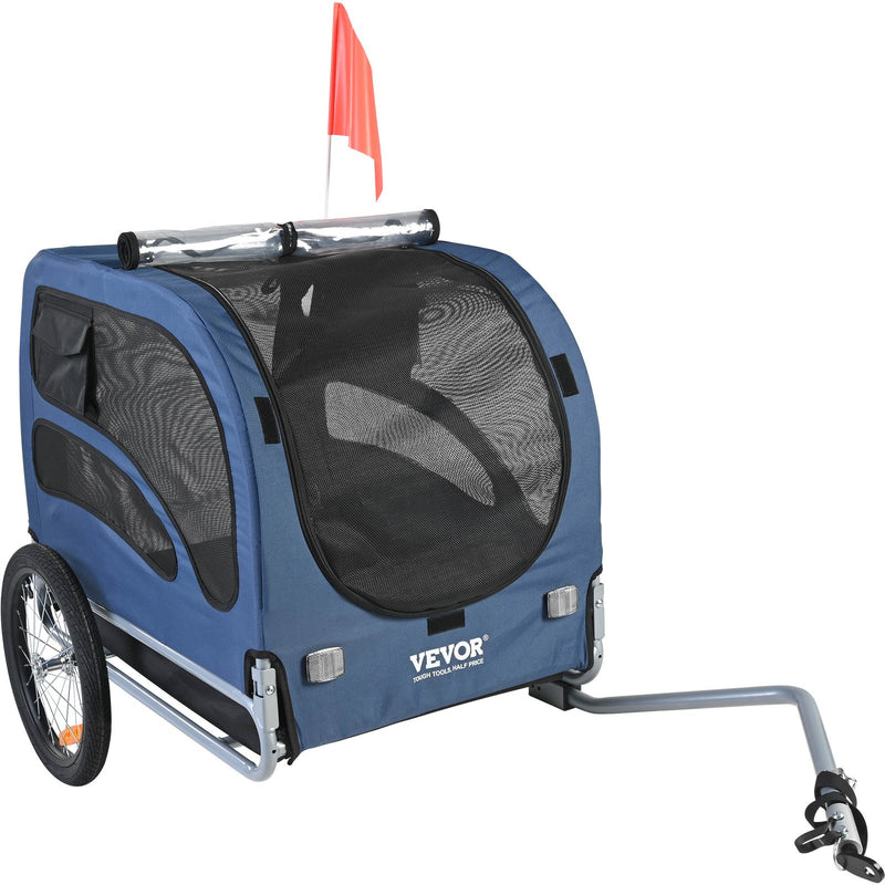 VEVOR suņu velosipēda piekabe, līdz 45 kg, salokāma, ar ātri noņemamiem riteņiem, universālu savienotāju, atstarotājiem un karodziņu, zila/melna