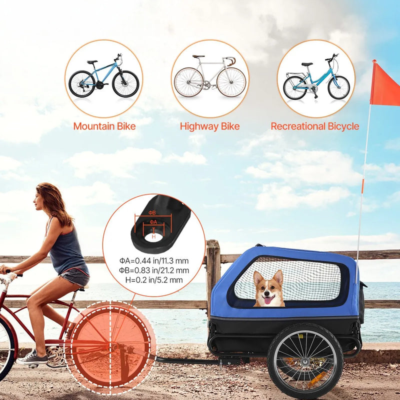 VEVOR velopiekabe suņiem, kravnesība līdz 40 kg, salokāms rāmis ar ātrās atvienošanas riteņiem, universāls velosavienotājs, atstarotājs, karogs un iekšējā pavada