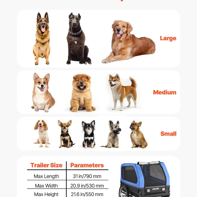 VEVOR velopiekabe suņiem, kravnesība līdz 40 kg, salokāms rāmis ar ātrās atvienošanas riteņiem, universāls velosavienotājs, atstarotājs, karogs un iekšējā pavada