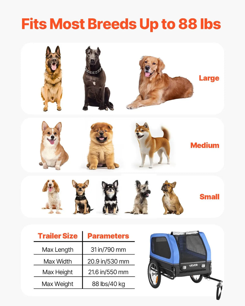 VEVOR velopiekabe suņiem, kravnesība līdz 40 kg, salokāms rāmis ar ātrās atvienošanas riteņiem, universāls velosavienotājs, atstarotājs, karogs un iekšējā pavada