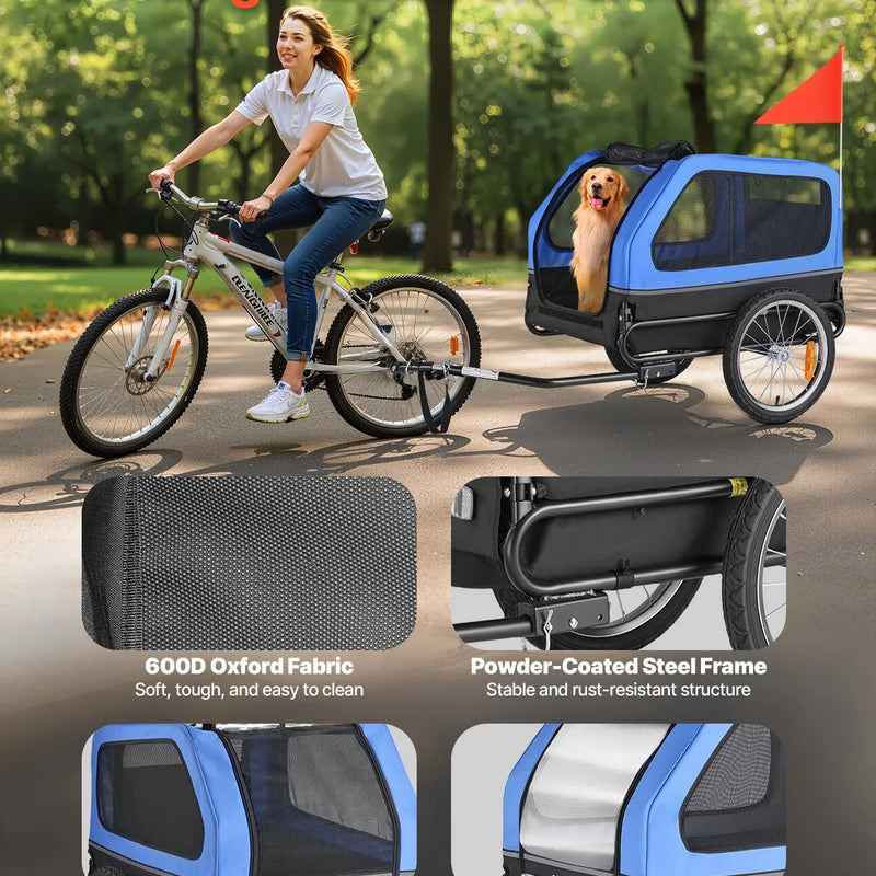 VEVOR velopiekabe suņiem, kravnesība līdz 40 kg, salokāms rāmis ar ātrās atvienošanas riteņiem, universāls velosavienotājs, atstarotājs, karogs un iekšējā pavada