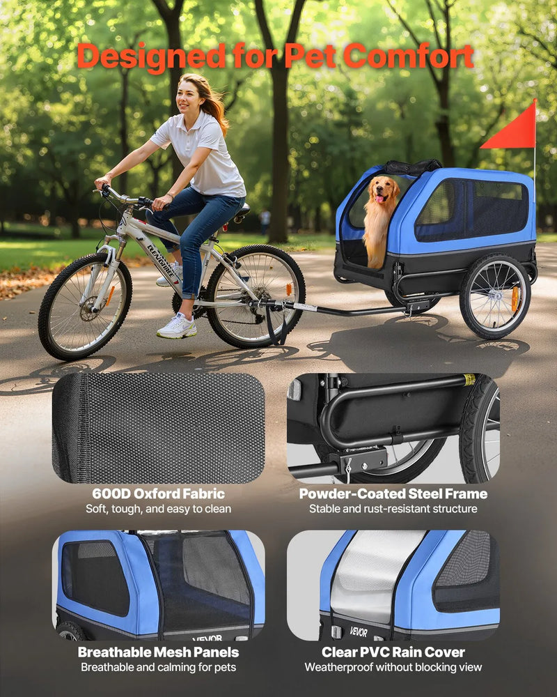 VEVOR velopiekabe suņiem, kravnesība līdz 40 kg, salokāms rāmis ar ātrās atvienošanas riteņiem, universāls velosavienotājs, atstarotājs, karogs un iekšējā pavada