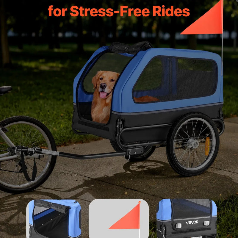 VEVOR velopiekabe suņiem, kravnesība līdz 40 kg, salokāms rāmis ar ātrās atvienošanas riteņiem, universāls velosavienotājs, atstarotājs, karogs un iekšējā pavada