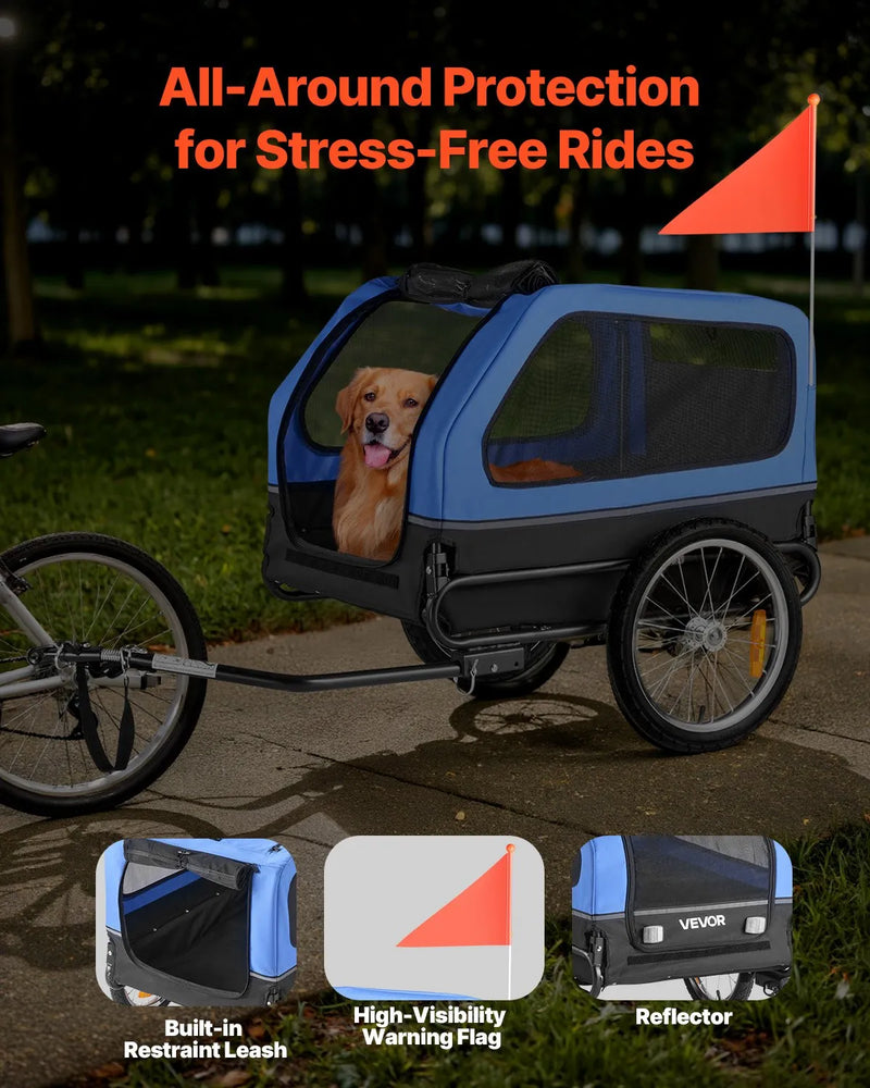 VEVOR velopiekabe suņiem, kravnesība līdz 40 kg, salokāms rāmis ar ātrās atvienošanas riteņiem, universāls velosavienotājs, atstarotājs, karogs un iekšējā pavada