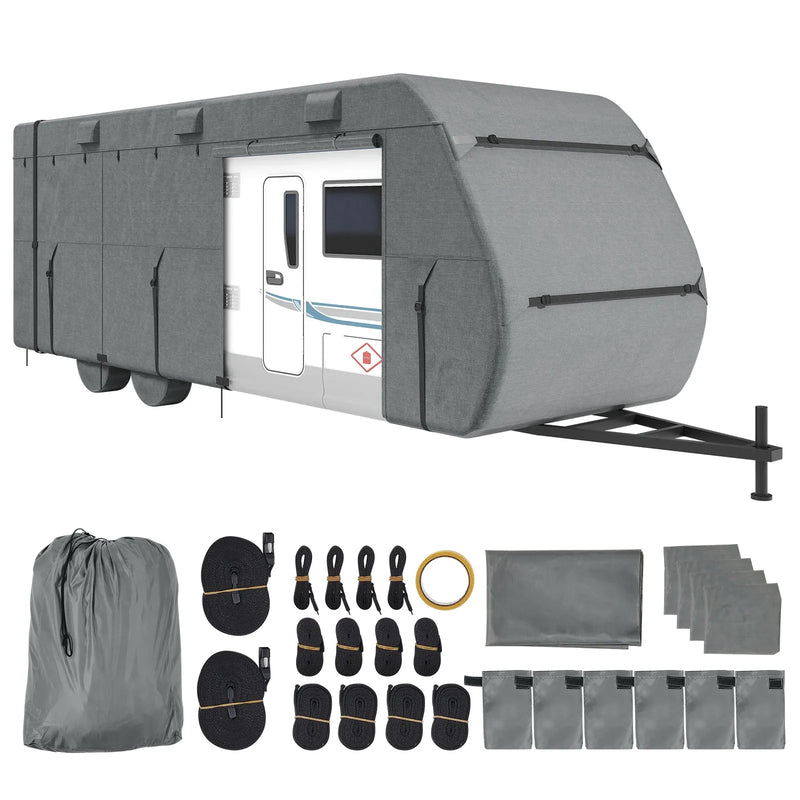 VEVOR pārvalks treilerim un kemperim, piemērots 853–945 cm RV kemperiem, 300D Oxford auduma Class A kempera pārvalks, ūdensizturīgs, vēja izturīgs un plīsumizturīgs, komplektā uzglabāšanas soma, remonta ielāpi, stiprinājuma siksnas un riepu pārvalki