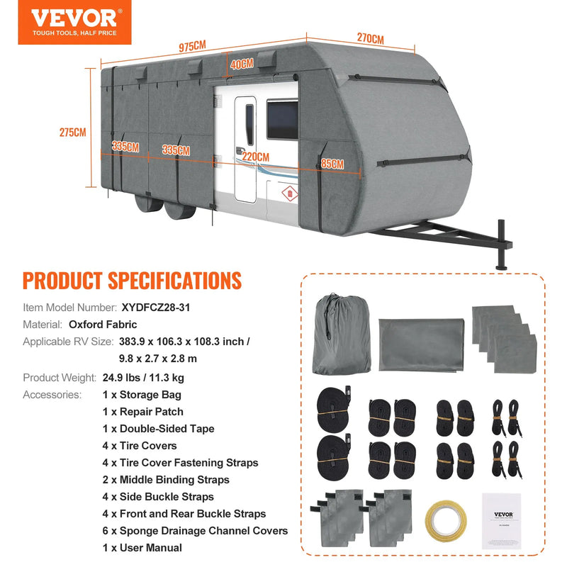 VEVOR pārvalks treilerim un kemperim, piemērots 853–945 cm RV kemperiem, 300D Oxford auduma Class A kempera pārvalks, ūdensizturīgs, vēja izturīgs un plīsumizturīgs, komplektā uzglabāšanas soma, remonta ielāpi, stiprinājuma siksnas un riepu pārvalki