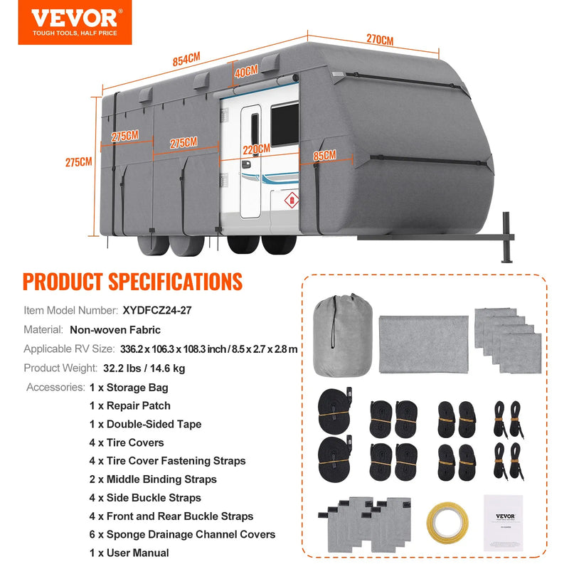 VEVOR pārvalks kemperim un treilerim, piemērots 731,5–823 cm Class A kemperiem, neausta auduma aizsargpārvalks RV piekabēm