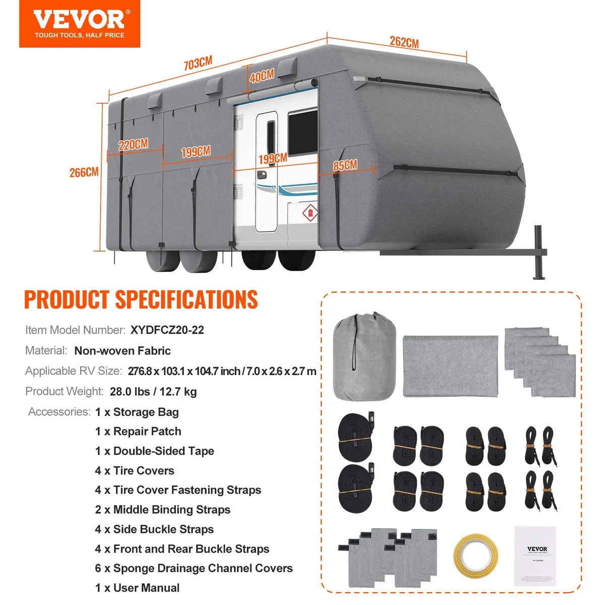 VEVOR kempera pārvalks 609,6–670,6 cm Class A RV, 4 slāņu neausta auduma pārvalks, ūdensizturīgs, vēja izturīgs un plīsumizturīgs, komplektā uzglabāšanas soma, remonta ielāpi, stiprinājuma siksnas un riepu pārvalki