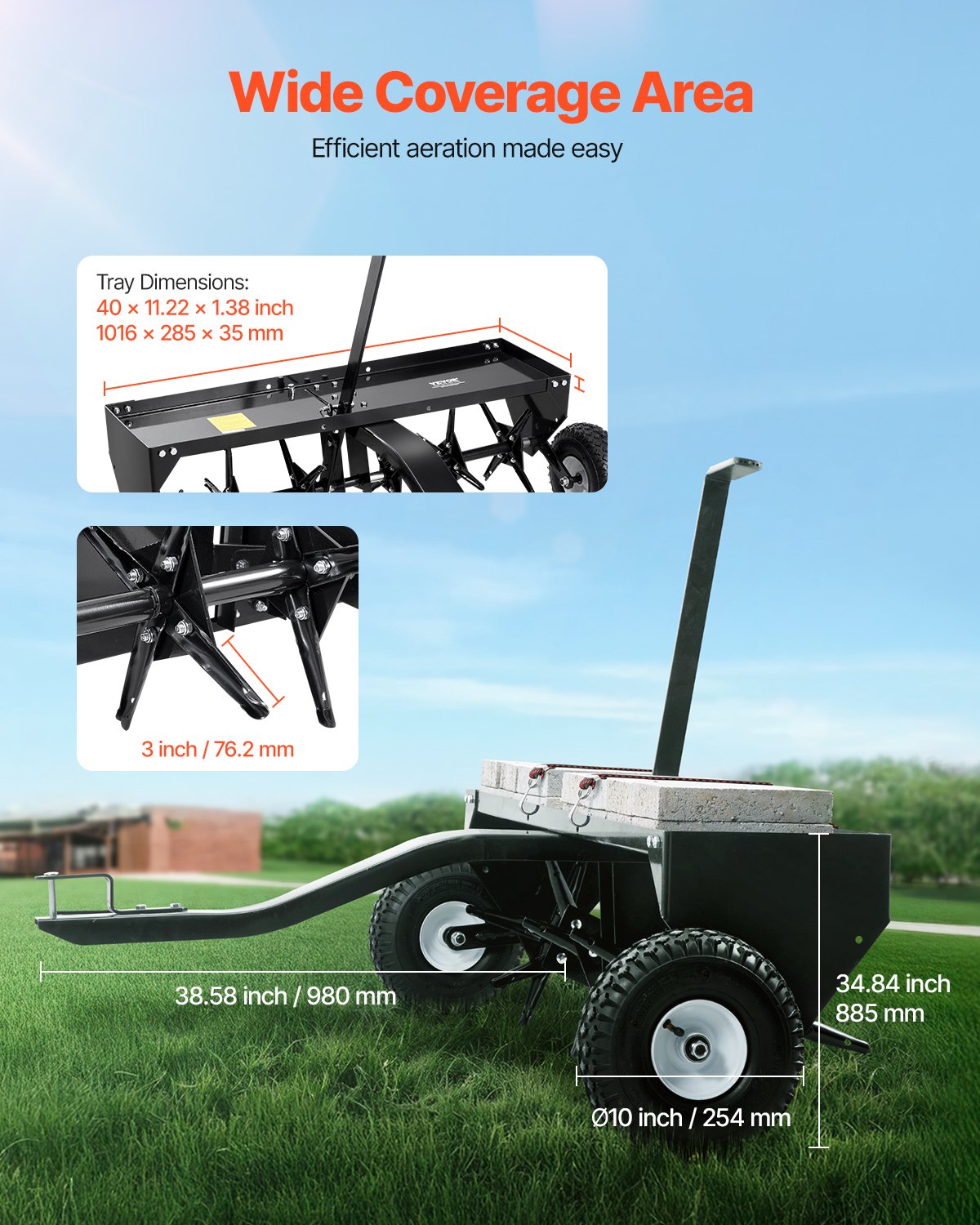VEVOR Tow-Behind Lawn Aerator 1016 mm with Universal Hitch, Lawn Aeration Machine with Staggered Iron Spikes for Lawns, Gardens and Farms