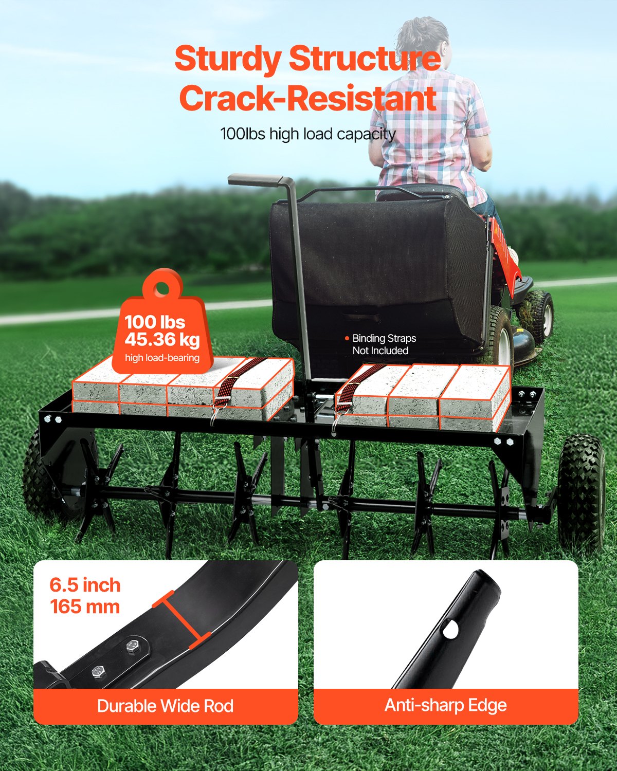 VEVOR Tow-Behind Lawn Aerator 1016 mm with Universal Hitch, Lawn Aeration Machine with Staggered Iron Spikes for Lawns, Gardens and Farms