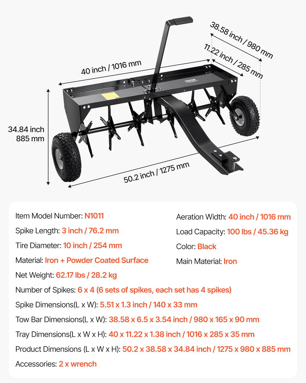 VEVOR Tow-Behind Lawn Aerator 1016 mm with Universal Hitch, Lawn Aeration Machine with Staggered Iron Spikes for Lawns, Gardens and Farms