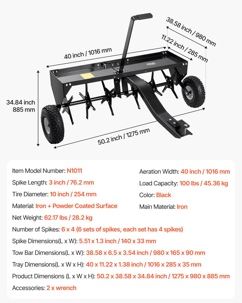 VEVOR velkamais zāliena dakšu aerators 1020 mm ar universālu sakabi