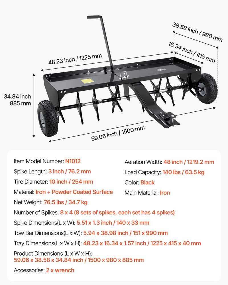 VEVOR velkamais aerators zālienam, 1220 mm, ar universālu sakabi