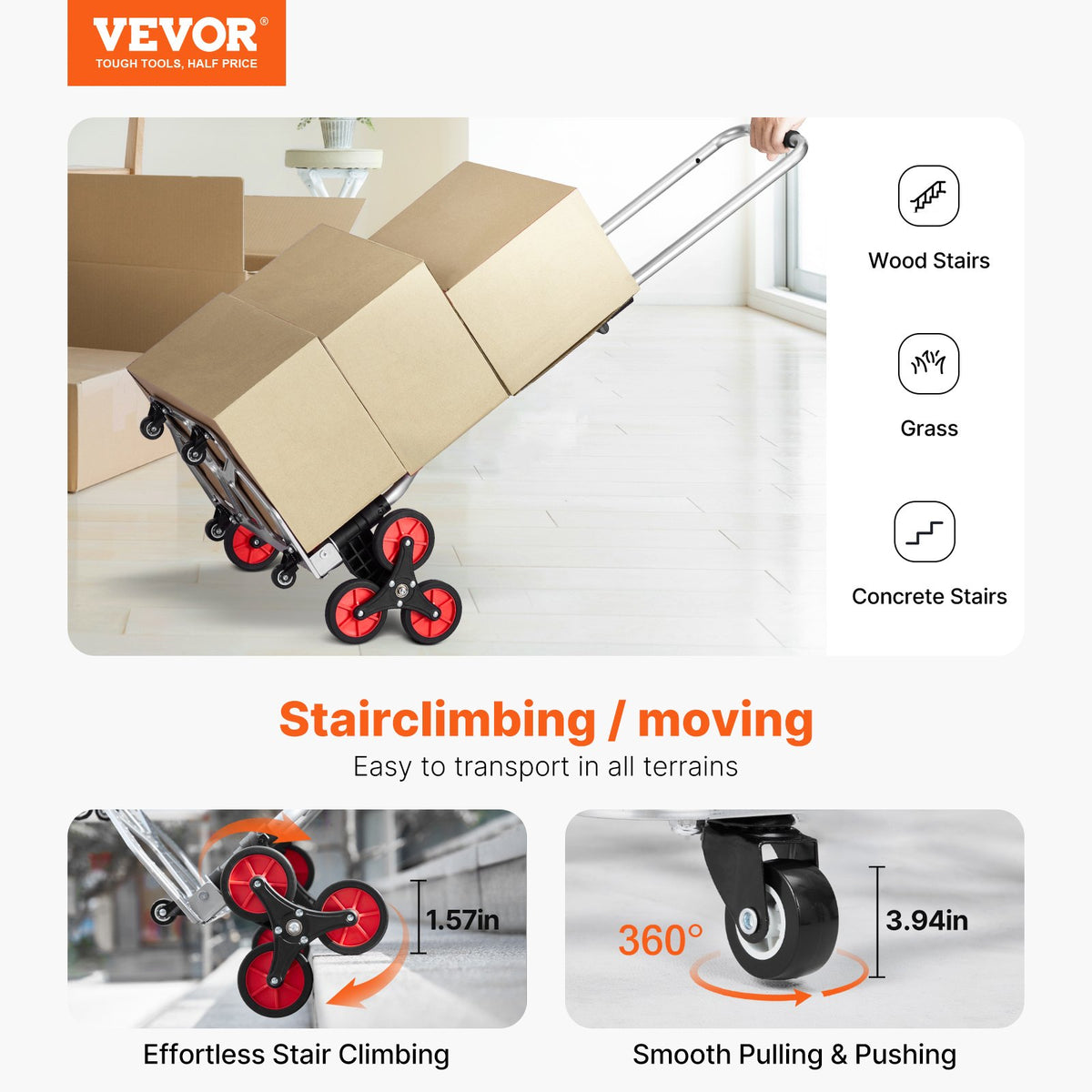 VEVOR Folding Stair Climbing Hand Truck, Heavy-Duty Capacity 118 kg, 10 Wheels