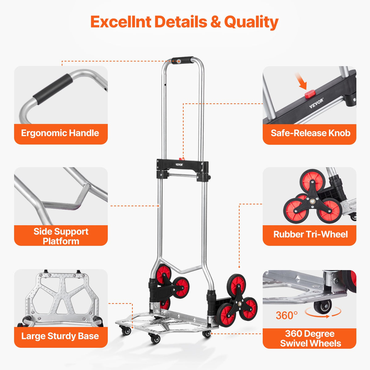 VEVOR Folding Stair Climbing Hand Truck, Heavy-Duty Capacity 118 kg, 10 Wheels
