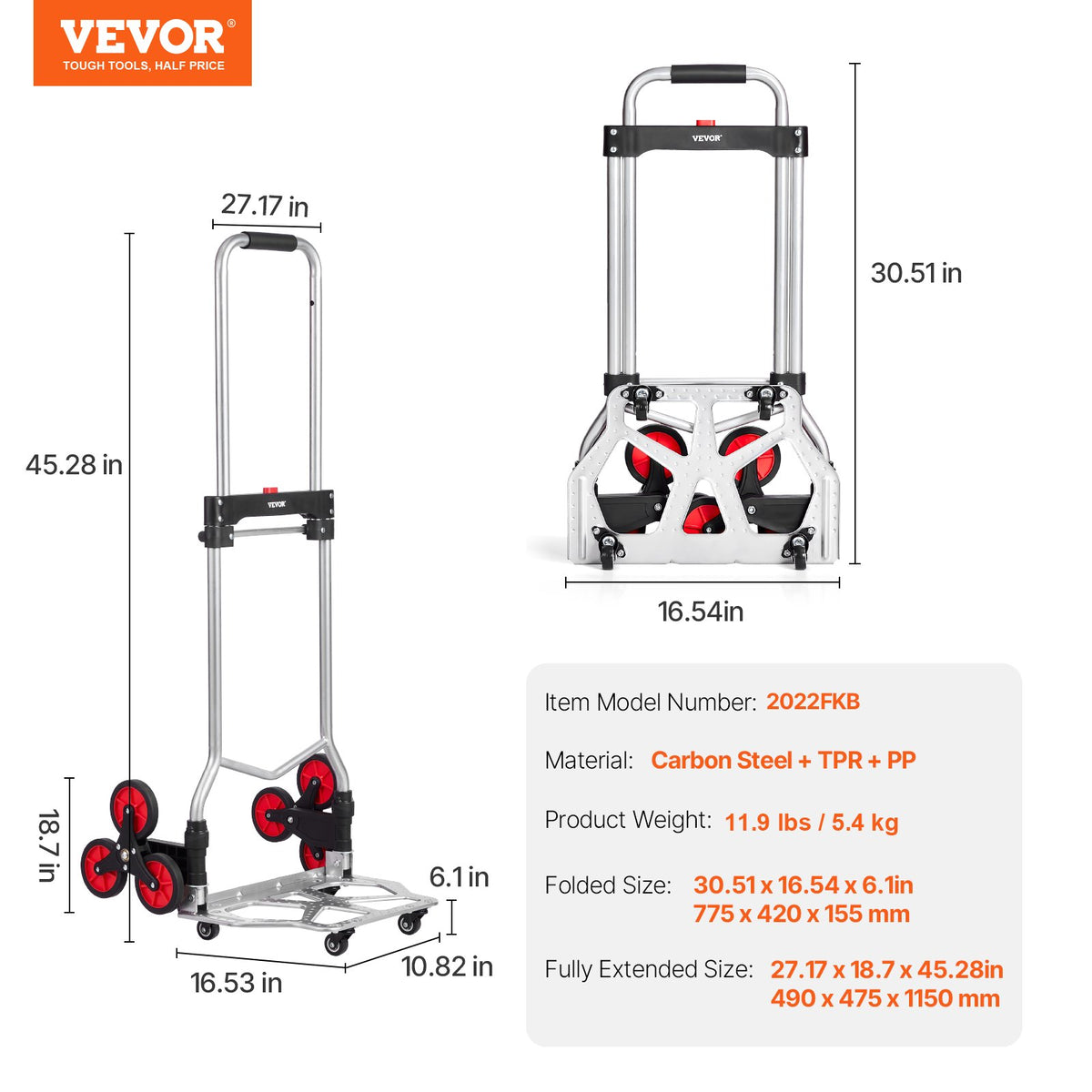 VEVOR Folding Stair Climbing Hand Truck, Heavy-Duty Capacity 118 kg, 10 Wheels