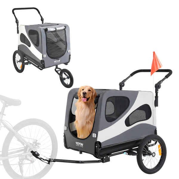 VEVOR Suņu velosipēda piekabe, līdz 45 kg, 2-in-1 rati, salokāms rāmis ar ātru atbrīvošanu, universāls velosipēda savienotājs, atstarojošie elementi, karogs, melns/pelēks