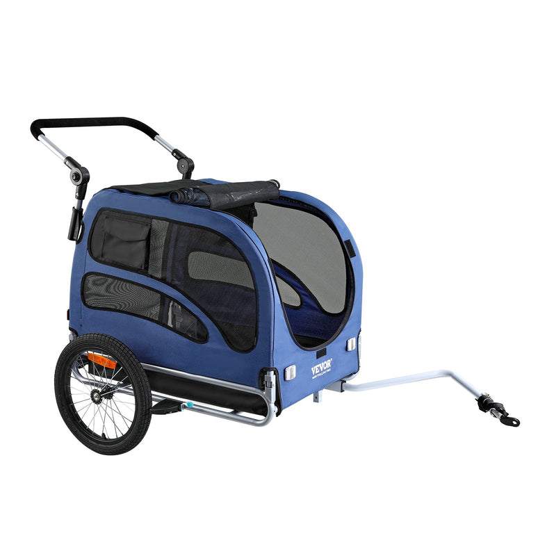 VEVOR Suņu velosipēdu piekabe, līdz 45 kg, 2-in-1 mājdzīvnieku rati, viegli salokāms rāmis ar ātri noņemamiem riteņiem, universāls velosipēdu piestiprinātājs, atstarojošie elementi, karogs, zila/melna