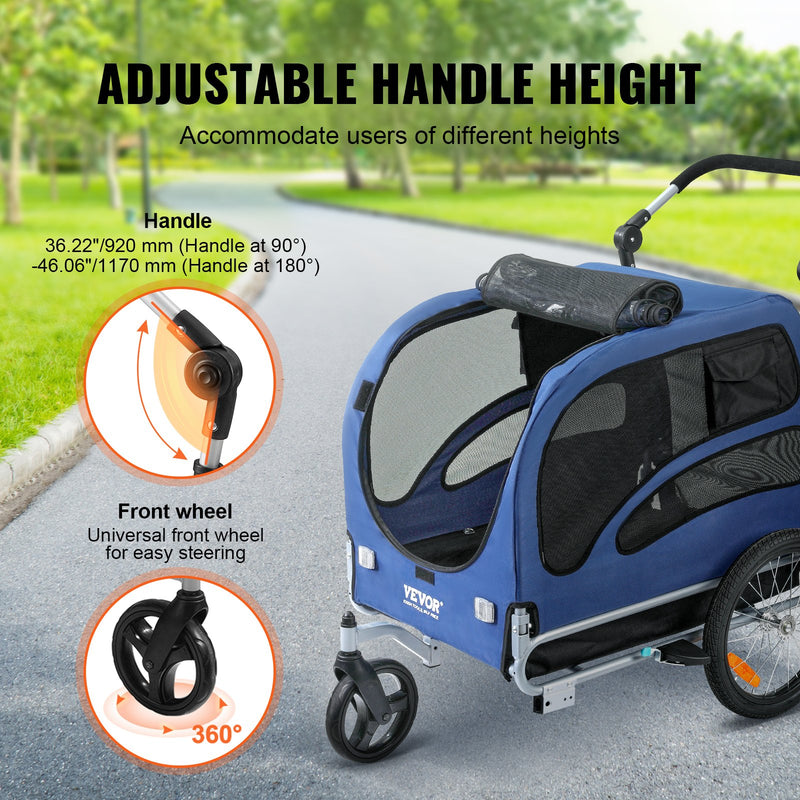 VEVOR Suņu velosipēdu piekabe, līdz 45 kg, 2-in-1 mājdzīvnieku rati, viegli salokāms rāmis ar ātri noņemamiem riteņiem, universāls velosipēdu piestiprinātājs, atstarojošie elementi, karogs, zila/melna