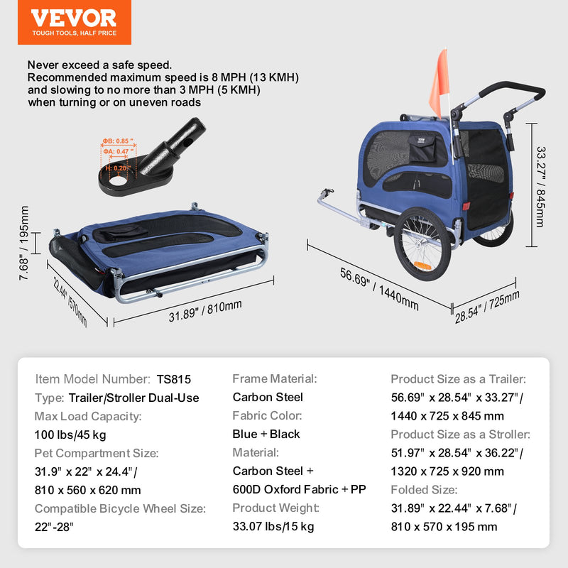 VEVOR Suņu velosipēdu piekabe, līdz 45 kg, 2-in-1 mājdzīvnieku rati, viegli salokāms rāmis ar ātri noņemamiem riteņiem, universāls velosipēdu piestiprinātājs, atstarojošie elementi, karogs, zila/melna