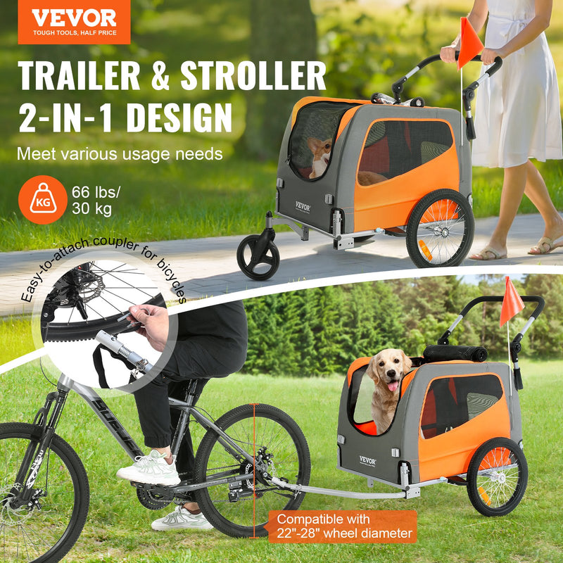 VEVOR Suņu velosipēda piekabe, līdz 30 kg, 2-in-1 rati, salokāms rāmis ar ātru atbrīvošanu, universāls velosipēda savienotājs, atstarojošie elementi, karogs