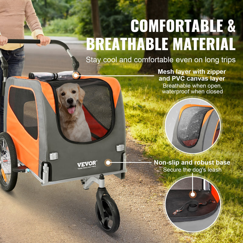 VEVOR Suņu velosipēda piekabe, līdz 30 kg, 2-in-1 rati, salokāms rāmis ar ātru atbrīvošanu, universāls velosipēda savienotājs, atstarojošie elementi, karogs