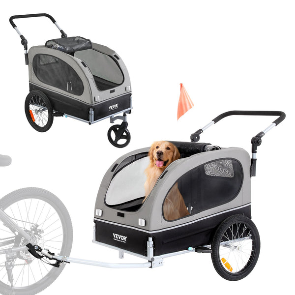 VEVOR suņu velosipēdu piekabe, līdz 40 kg, 2-in-1 skriešanas rati, salokāms rāmis ar ātri noņemamiem riteņiem, universāls velosipēda piestiprinātājs, atstarojošie elementi, karogs, melns/pelēks
