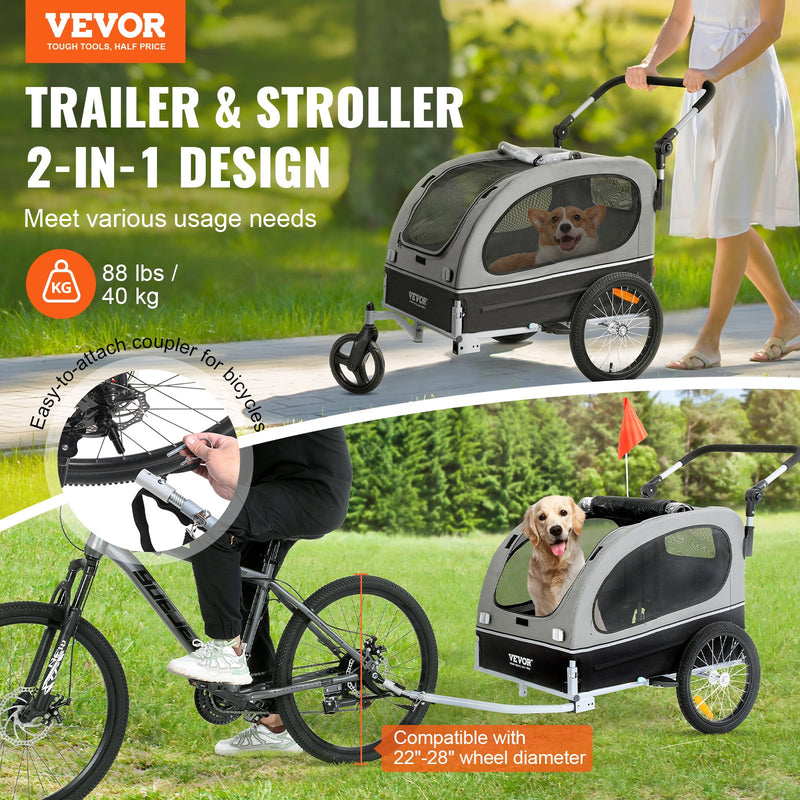 VEVOR suņu velosipēdu piekabe, līdz 40 kg, 2-in-1 skriešanas rati, salokāms rāmis ar ātri noņemamiem riteņiem, universāls velosipēda piestiprinātājs, atstarojošie elementi, karogs, melns/pelēks