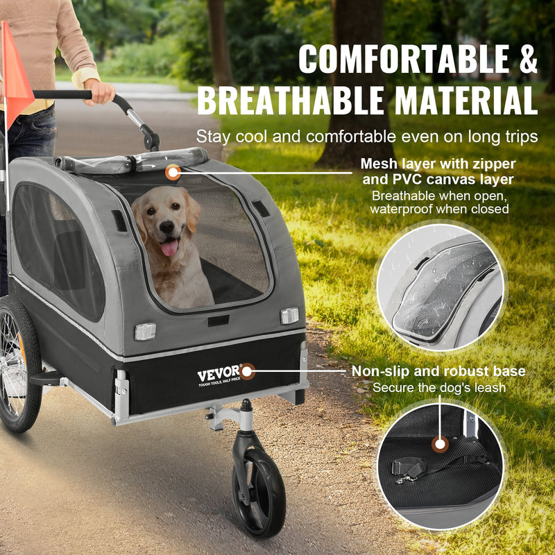 VEVOR suņu velosipēdu piekabe, līdz 40 kg, 2-in-1 skriešanas rati, salokāms rāmis ar ātri noņemamiem riteņiem, universāls velosipēda piestiprinātājs, atstarojošie elementi, karogs, melns/pelēks