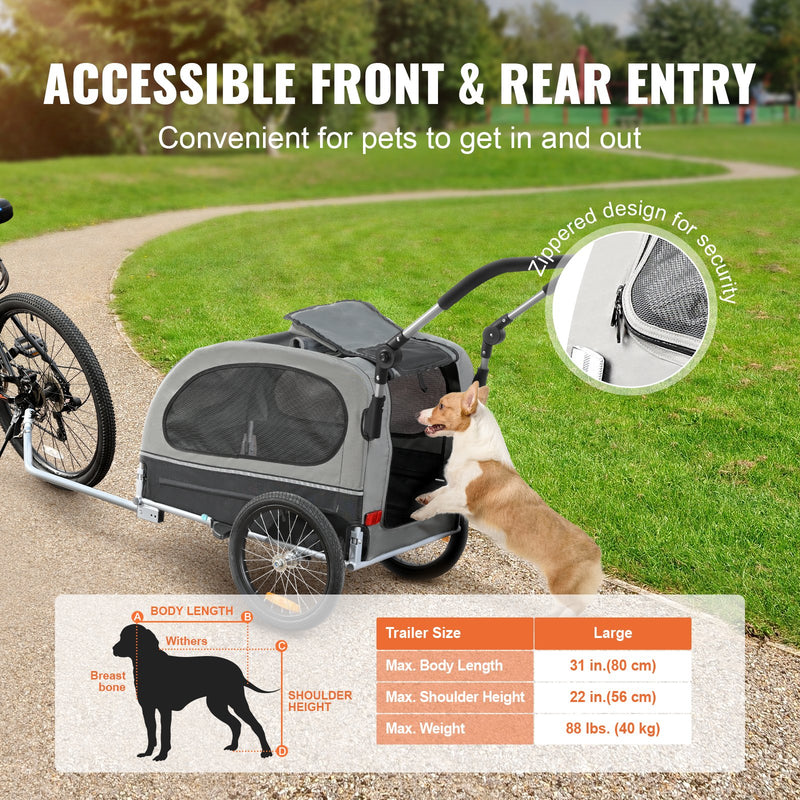 VEVOR suņu velosipēdu piekabe, līdz 40 kg, 2-in-1 skriešanas rati, salokāms rāmis ar ātri noņemamiem riteņiem, universāls velosipēda piestiprinātājs, atstarojošie elementi, karogs, melns/pelēks