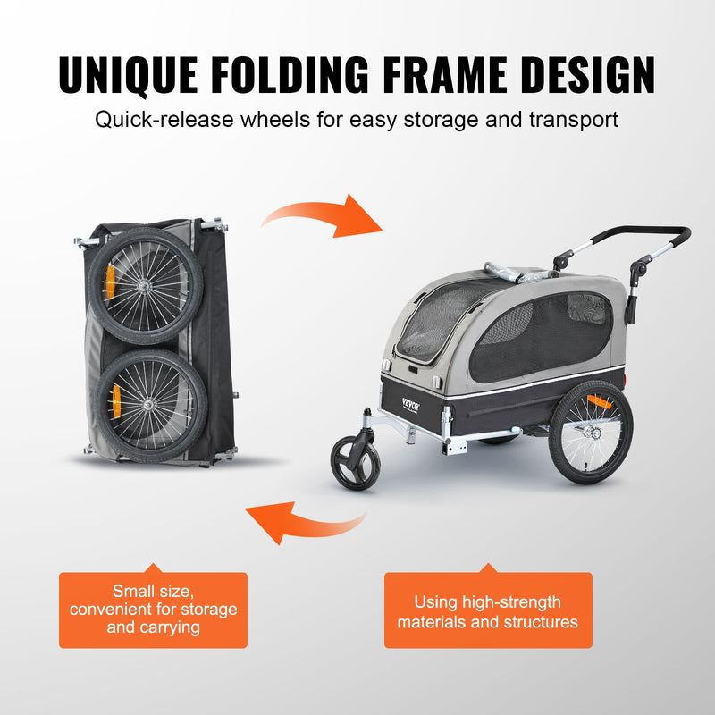 VEVOR suņu velosipēdu piekabe, līdz 40 kg, 2-in-1 skriešanas rati, salokāms rāmis ar ātri noņemamiem riteņiem, universāls velosipēda piestiprinātājs, atstarojošie elementi, karogs, melns/pelēks