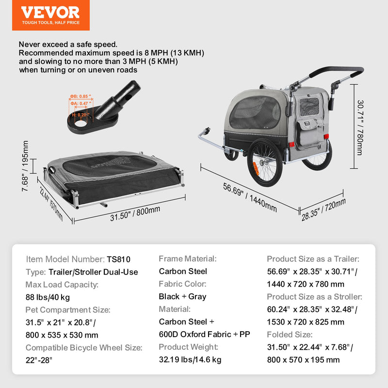 VEVOR suņu velosipēdu piekabe, līdz 40 kg, 2-in-1 skriešanas rati, salokāms rāmis ar ātri noņemamiem riteņiem, universāls velosipēda piestiprinātājs, atstarojošie elementi, karogs, melns/pelēks