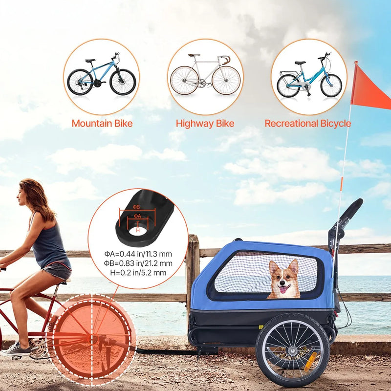 VEVOR suņu velopiekabe 2 in 1 ar līdz 40 kg kravnesību, salokāms rāmis ar ātrās atvienošanas riteņiem, universāls velosavienotājs un iekšējā pavada