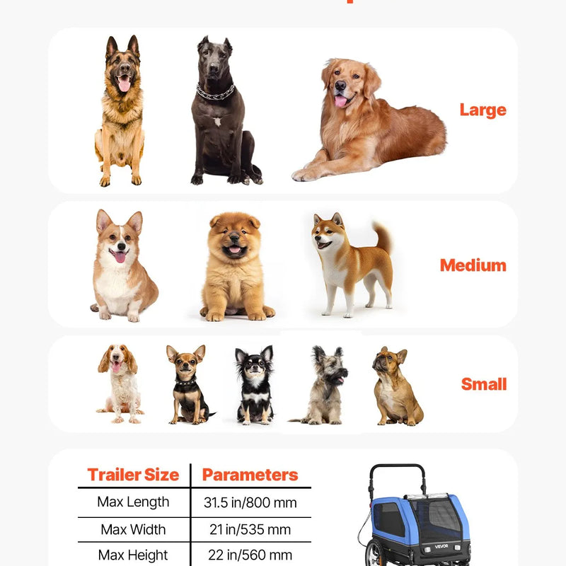 VEVOR suņu velopiekabe 2 in 1 ar līdz 40 kg kravnesību, salokāms rāmis ar ātrās atvienošanas riteņiem, universāls velosavienotājs un iekšējā pavada