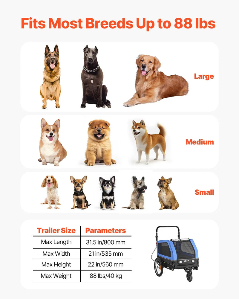 VEVOR suņu velopiekabe 2 in 1 ar līdz 40 kg kravnesību, salokāms rāmis ar ātrās atvienošanas riteņiem, universāls velosavienotājs un iekšējā pavada