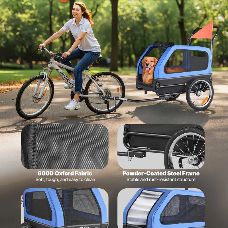 VEVOR suņu velopiekabe 2 in 1 ar līdz 40 kg kravnesību, salokāms rāmis ar ātrās atvienošanas riteņiem, universāls velosavienotājs un iekšējā pavada