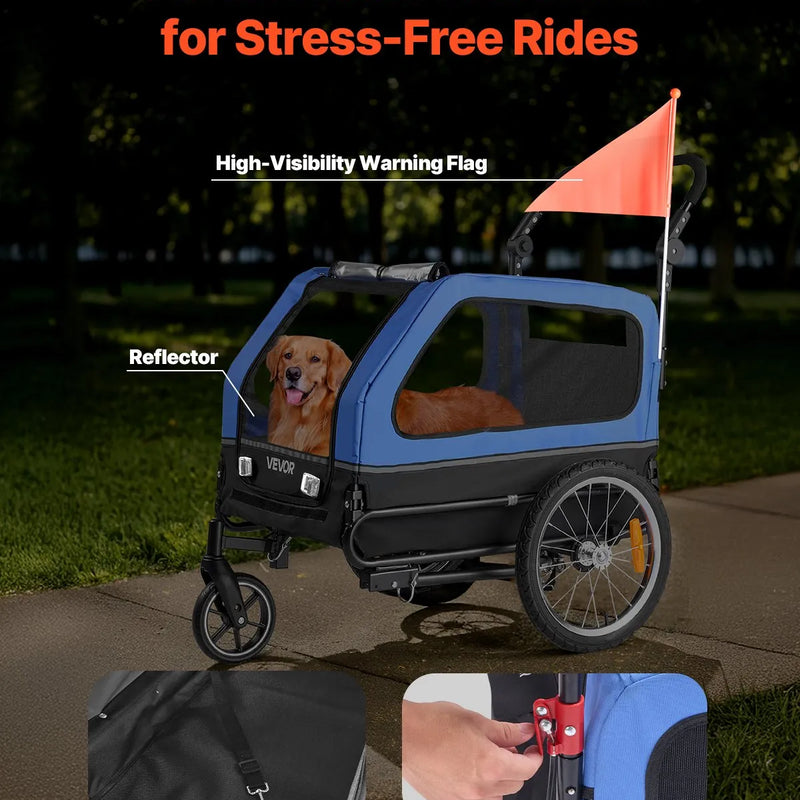 VEVOR suņu velopiekabe 2 in 1 ar līdz 40 kg kravnesību, salokāms rāmis ar ātrās atvienošanas riteņiem, universāls velosavienotājs un iekšējā pavada