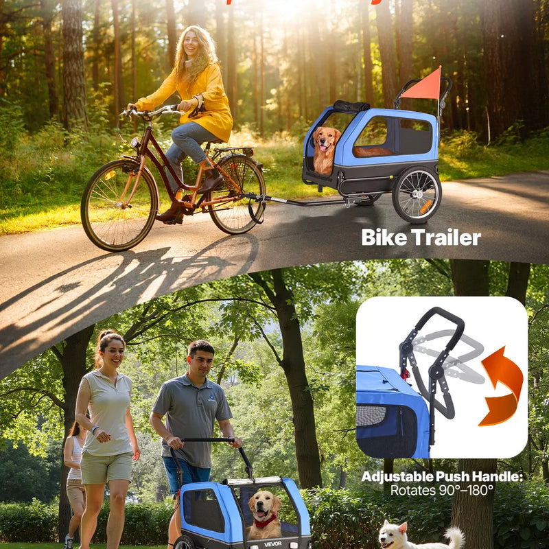 VEVOR suņu velopiekabe 2 in 1 ar līdz 40 kg kravnesību, salokāms rāmis ar ātrās atvienošanas riteņiem, universāls velosavienotājs un iekšējā pavada
