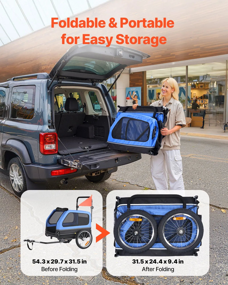 VEVOR suņu velopiekabe 2 in 1 ar līdz 40 kg kravnesību, salokāms rāmis ar ātrās atvienošanas riteņiem, universāls velosavienotājs un iekšējā pavada