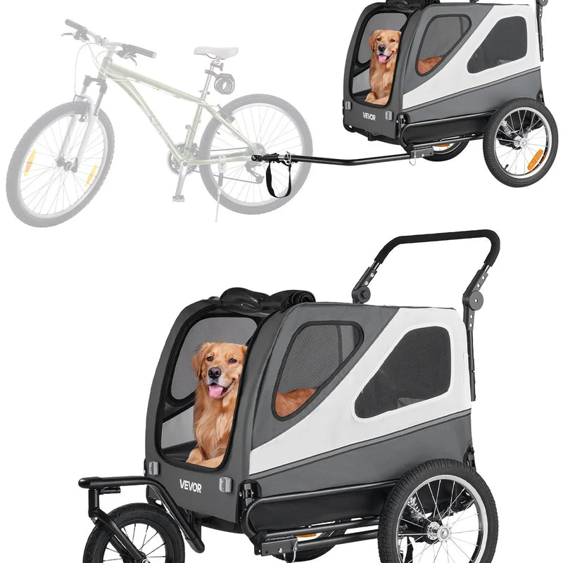 VEVOR suņu velopiekabe 2-in-1 ar līdz 45 kg kravnesību, salokāms rāmis ar ātrās atvienošanas riteņiem, universāls velosavienotājs un iekšējā pavada