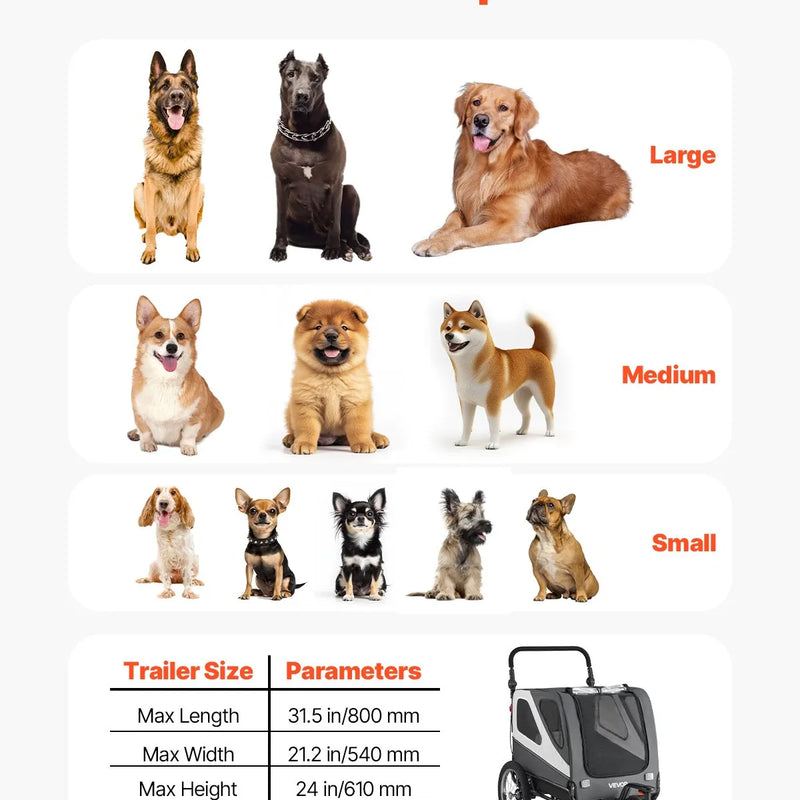 VEVOR suņu velopiekabe 2-in-1 ar līdz 45 kg kravnesību, salokāms rāmis ar ātrās atvienošanas riteņiem, universāls velosavienotājs un iekšējā pavada