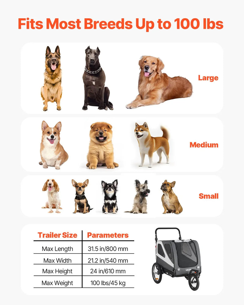 VEVOR suņu velopiekabe 2-in-1 ar līdz 45 kg kravnesību, salokāms rāmis ar ātrās atvienošanas riteņiem, universāls velosavienotājs un iekšējā pavada