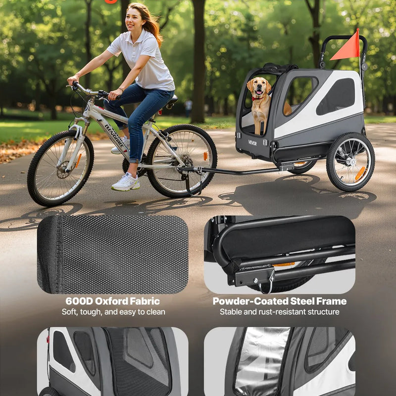 VEVOR suņu velopiekabe 2-in-1 ar līdz 45 kg kravnesību, salokāms rāmis ar ātrās atvienošanas riteņiem, universāls velosavienotājs un iekšējā pavada