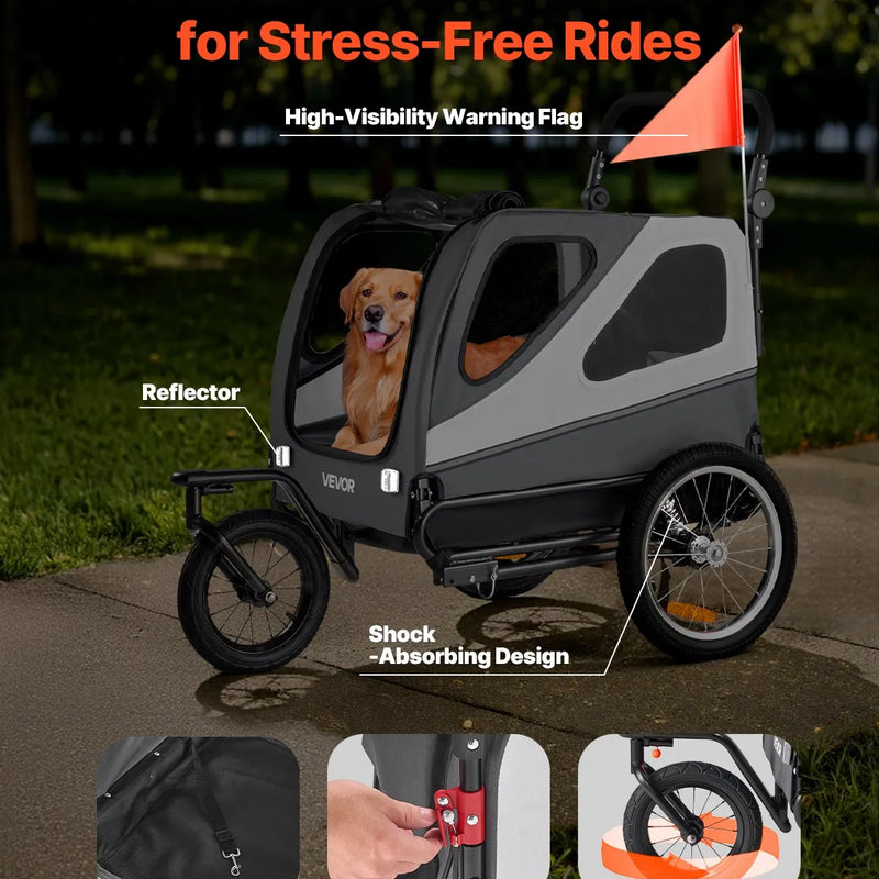 VEVOR suņu velopiekabe 2-in-1 ar līdz 45 kg kravnesību, salokāms rāmis ar ātrās atvienošanas riteņiem, universāls velosavienotājs un iekšējā pavada