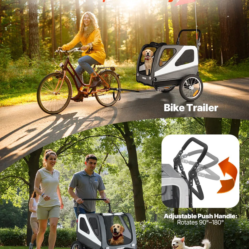 VEVOR suņu velopiekabe 2-in-1 ar līdz 45 kg kravnesību, salokāms rāmis ar ātrās atvienošanas riteņiem, universāls velosavienotājs un iekšējā pavada