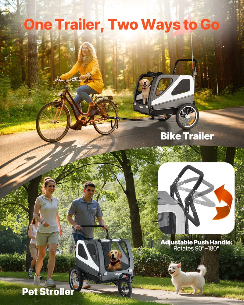 VEVOR suņu velopiekabe 2-in-1 ar līdz 45 kg kravnesību, salokāms rāmis ar ātrās atvienošanas riteņiem, universāls velosavienotājs un iekšējā pavada