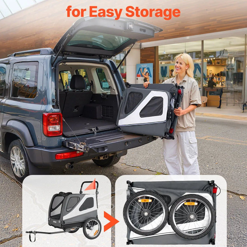 VEVOR suņu velopiekabe 2-in-1 ar līdz 45 kg kravnesību, salokāms rāmis ar ātrās atvienošanas riteņiem, universāls velosavienotājs un iekšējā pavada