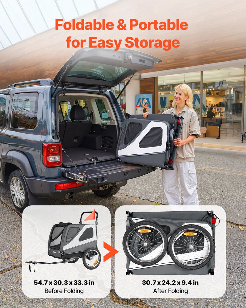 VEVOR suņu velopiekabe 2-in-1 ar līdz 45 kg kravnesību, salokāms rāmis ar ātrās atvienošanas riteņiem, universāls velosavienotājs un iekšējā pavada