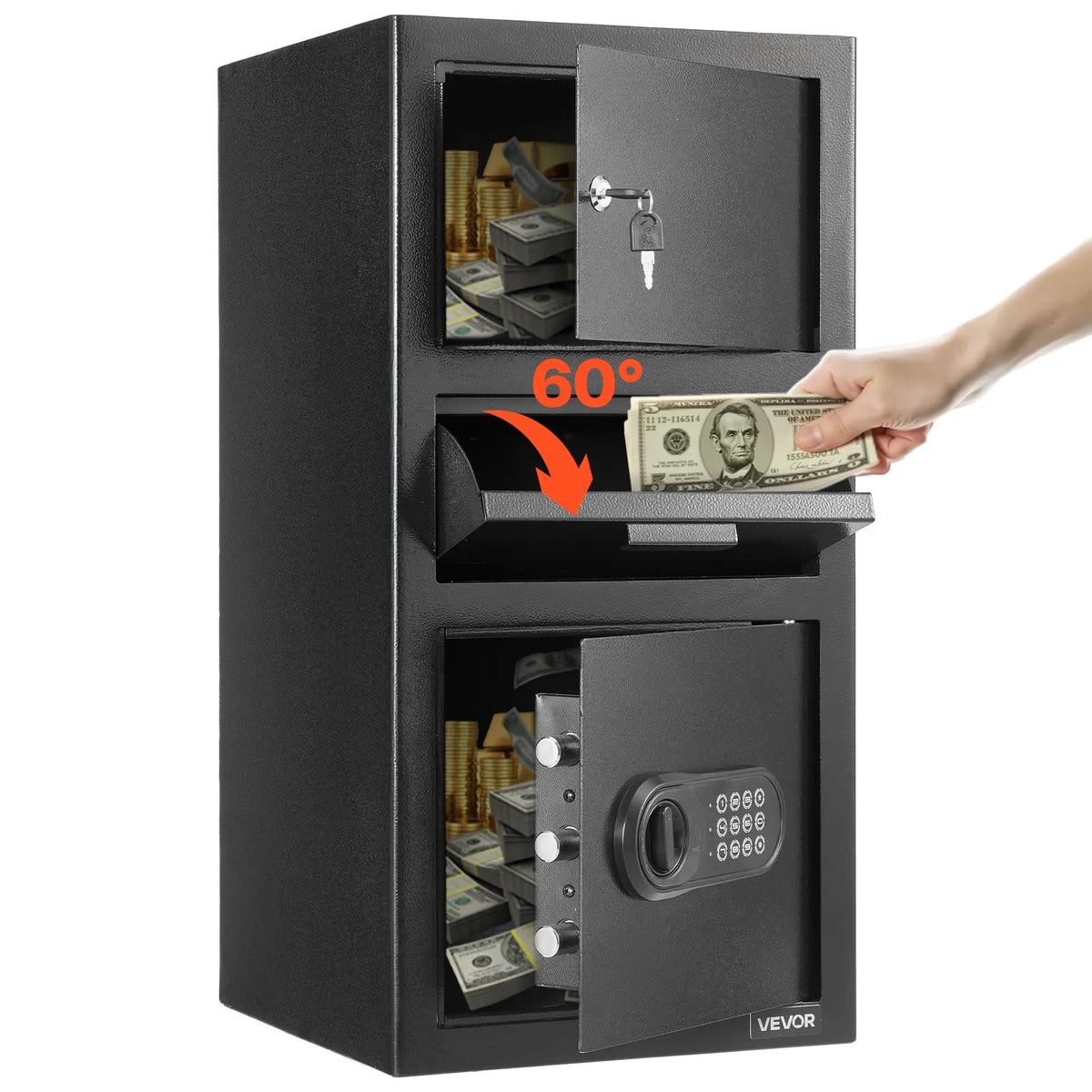 VEVOR 102 L Front Loading Safe with Digital Keypad, Three-Tier Cash and Document Deposit Safe with Backup Keys, Black