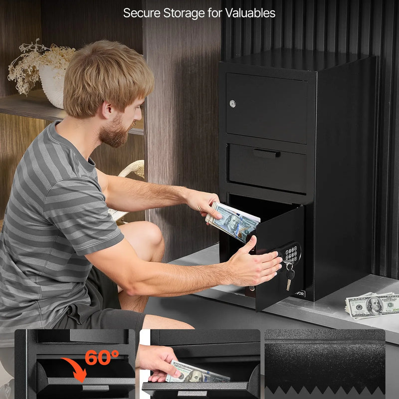 VEVOR 102 l priekšējās iemaksas seifs ar digitālo tastatūru, trīslīmeņu naudas un dokumentu noguldījumu seifs ar rezerves atslēgām, melns